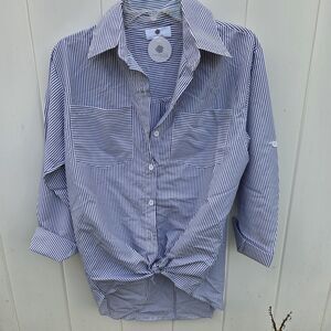 Everyday Chic Boutique Not Your Boyfriend's Button Up Blue Striped Blouse Size S